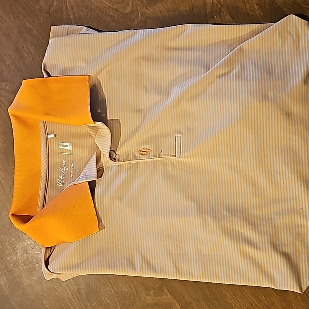 Walter Hagen 11 Majors polo golf shirt size Large / orange and blue stripes.